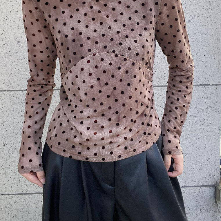 复古晕染波点长袖打底衫女士秋冬季百搭圆领弹力防晒内搭体恤上衣