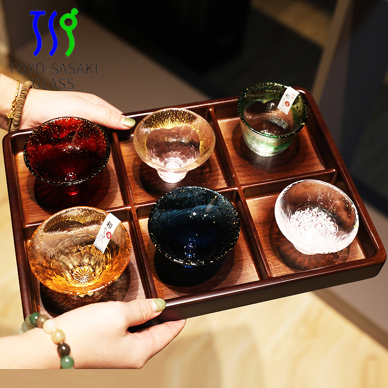 日本进口九宫格彩色玻璃杯清酒杯冰酒杯果酒烧酒杯米酒杯茶水杯子