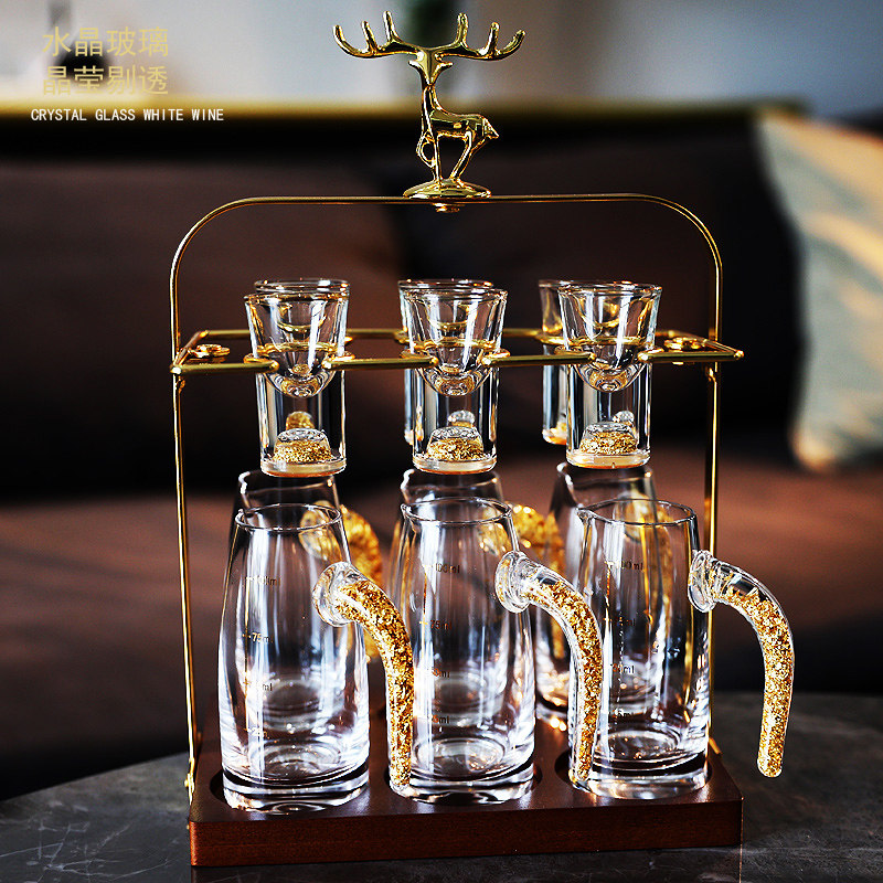 轻奢高档家用水晶玻璃金箔白酒杯分酒器创意一口小烈酒盅架子套装