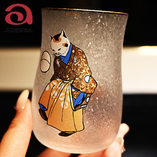 日本进口aderia石冢硝子江户猫磨砂玻璃水杯啤酒杯清酒果汁杯礼盒