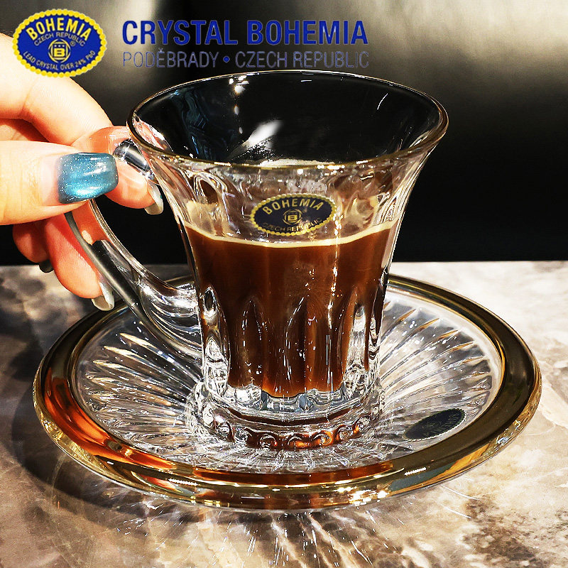 捷克进口BOHEMIA水晶玻璃描金带把咖啡杯花茶果茶杯牛奶昔马克杯