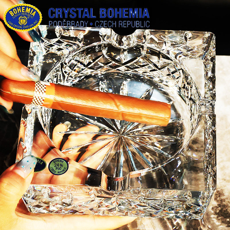 捷克进口BOHEMIA水晶玻璃手工精刻方形烟灰缸茶几办公室烟缸摆件