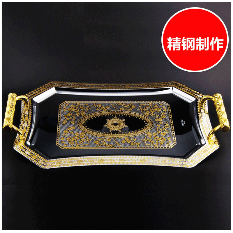 进口工艺不锈钢酒具托盘长方形茶盘欧式客厅家用装饰摆设圆形盘子