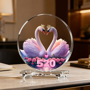 天鹅520桥型内雕水晶摆件桌面摆件情侣浪漫生日礼品精美心形粉色