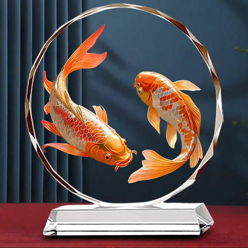 双锦鲤水晶摆件好运连连乔迁开业客厅办公室酒柜财福双至吉祥摆台