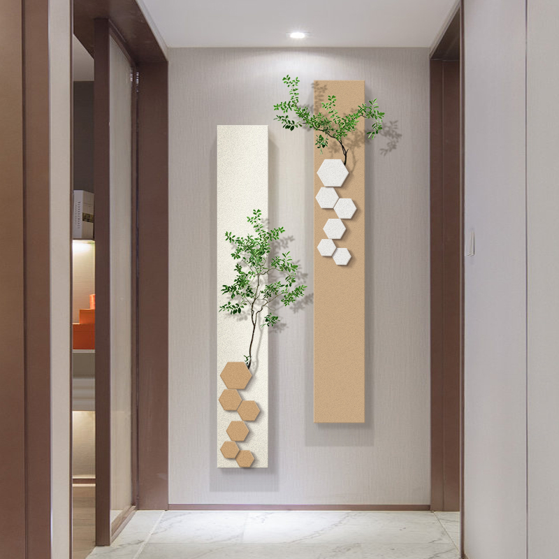 立体砂岩带绿植组合挂画奶油风竖版走廊尽头玄关装饰画过道长条画图片