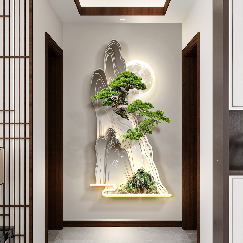3d入户玄关装饰画迎客松走廊过道尽头发光壁画新中式竖版山水挂画