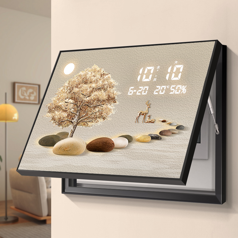 发财树电表箱盒装饰画带电子时钟