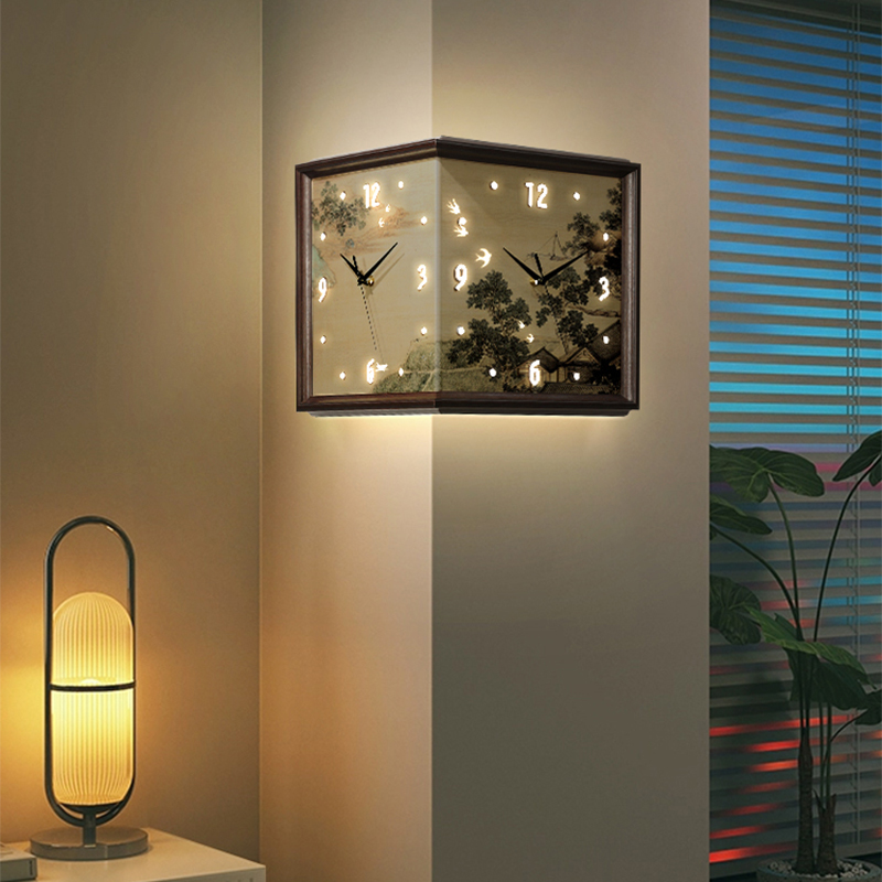 中古风双面转角钟表挂钟客厅免打孔拐角时钟壁画灯墙角风景墙壁钟