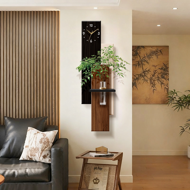 国补水培绿植钟表装饰画创意立体玄关时钟高级感灯光壁画静音挂钟