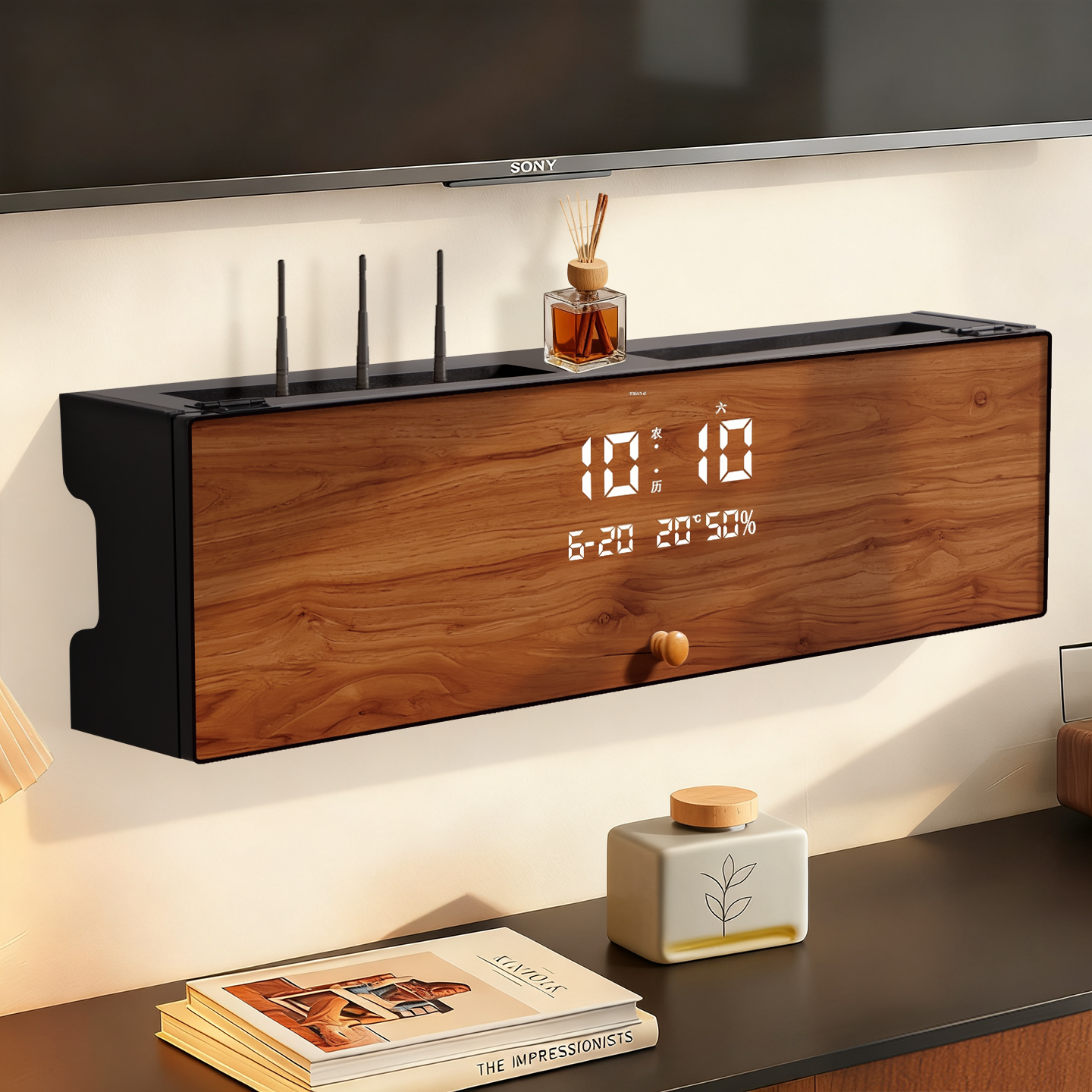 国补路由器收纳盒创意万年历电子钟放置架免打孔光猫机顶盒置物架