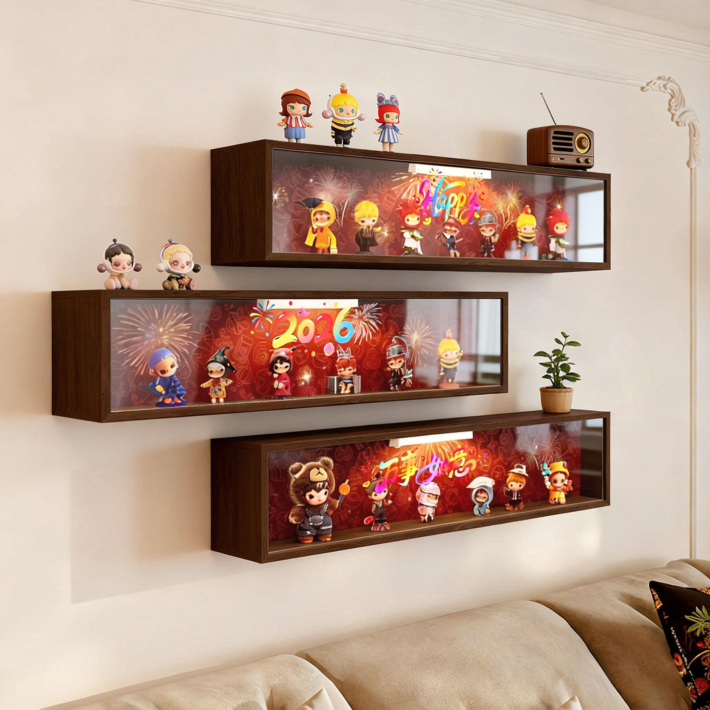 国补客厅盲盒收纳展示架2026新款萌粒手办展示盒免打孔发光置物架,收纳整理,手办收纳盒,淘宝优惠券,粉丝福利购,淘宝优惠卷