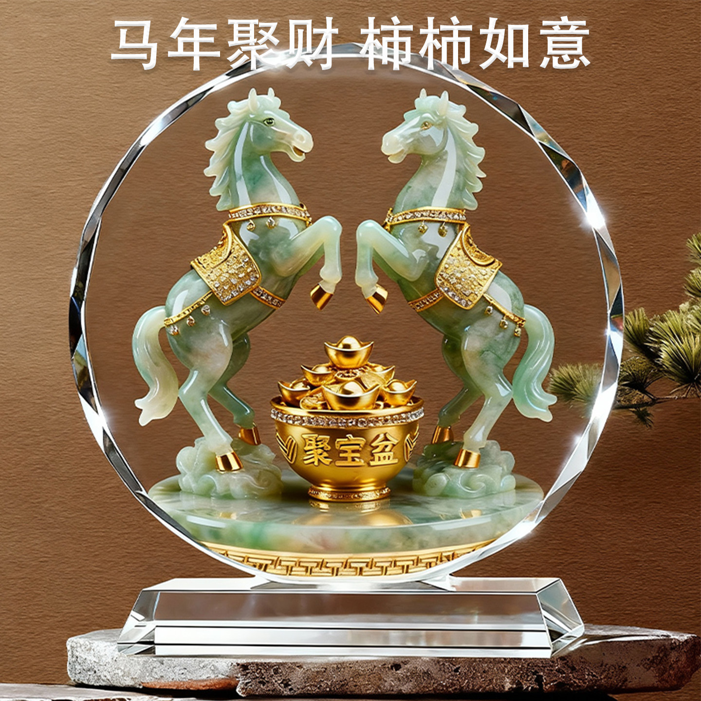 双马聚宝盆水晶摆件装饰桌面摆台
