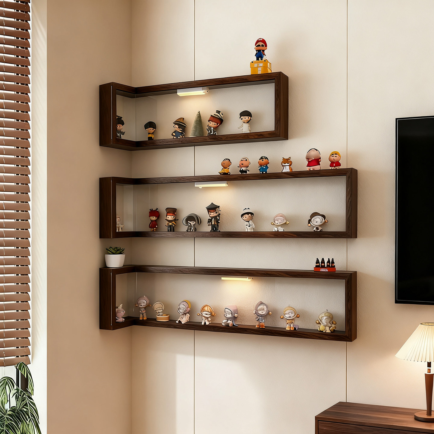 盲盒收纳展示架小野手办展示柜客厅拐角陈列置物架创意发光防尘架