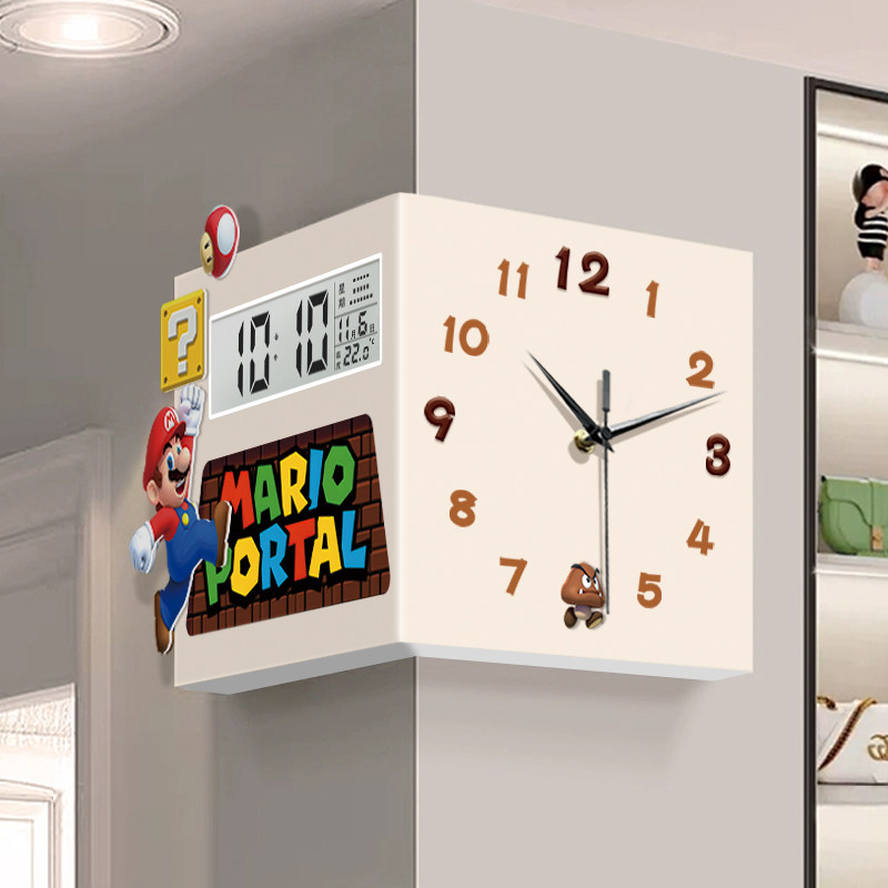 马里奥转角双面钟液晶钟表壁挂式