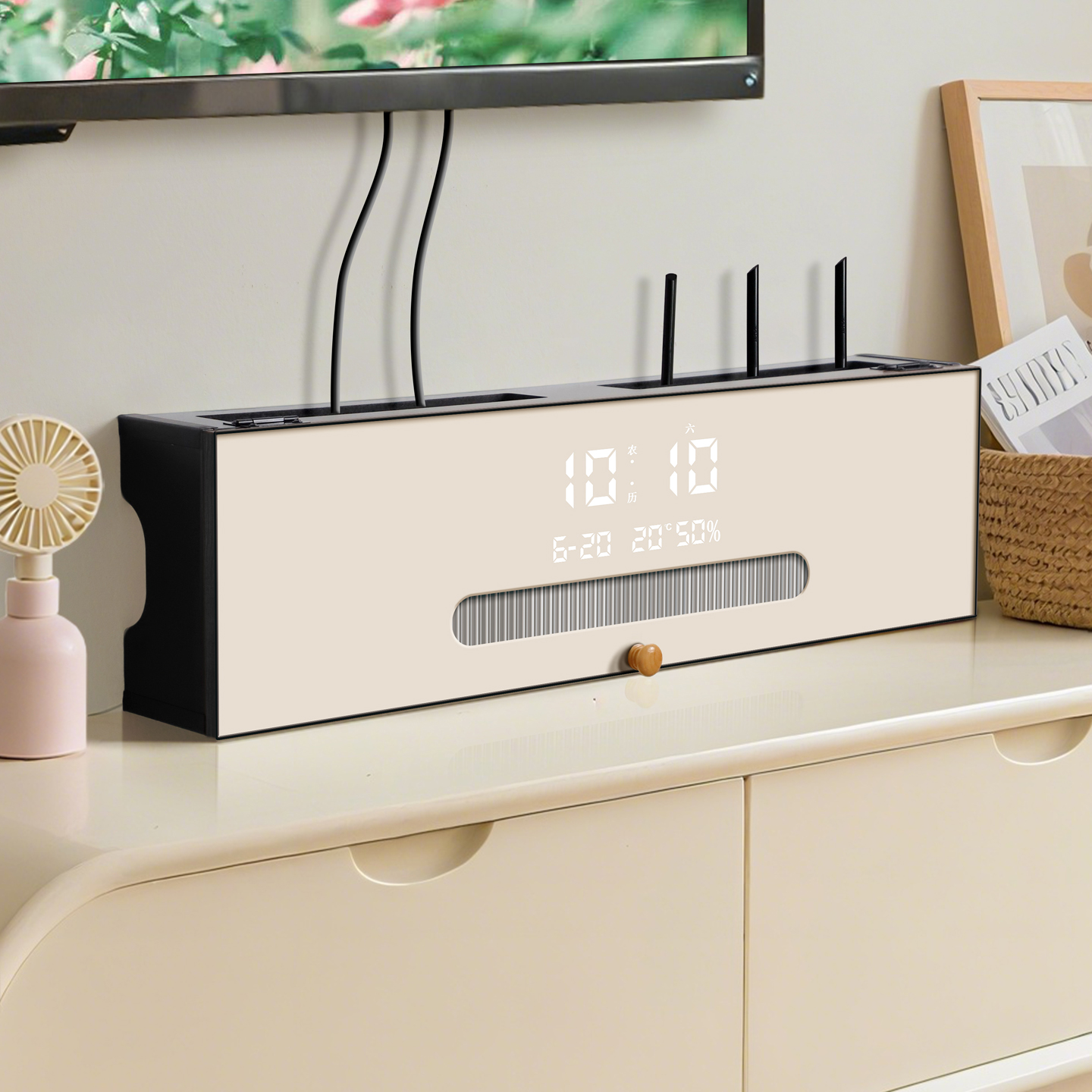 奶油风wifi无线路由器放置架免打孔光猫机顶盒收纳盒子带电子时钟