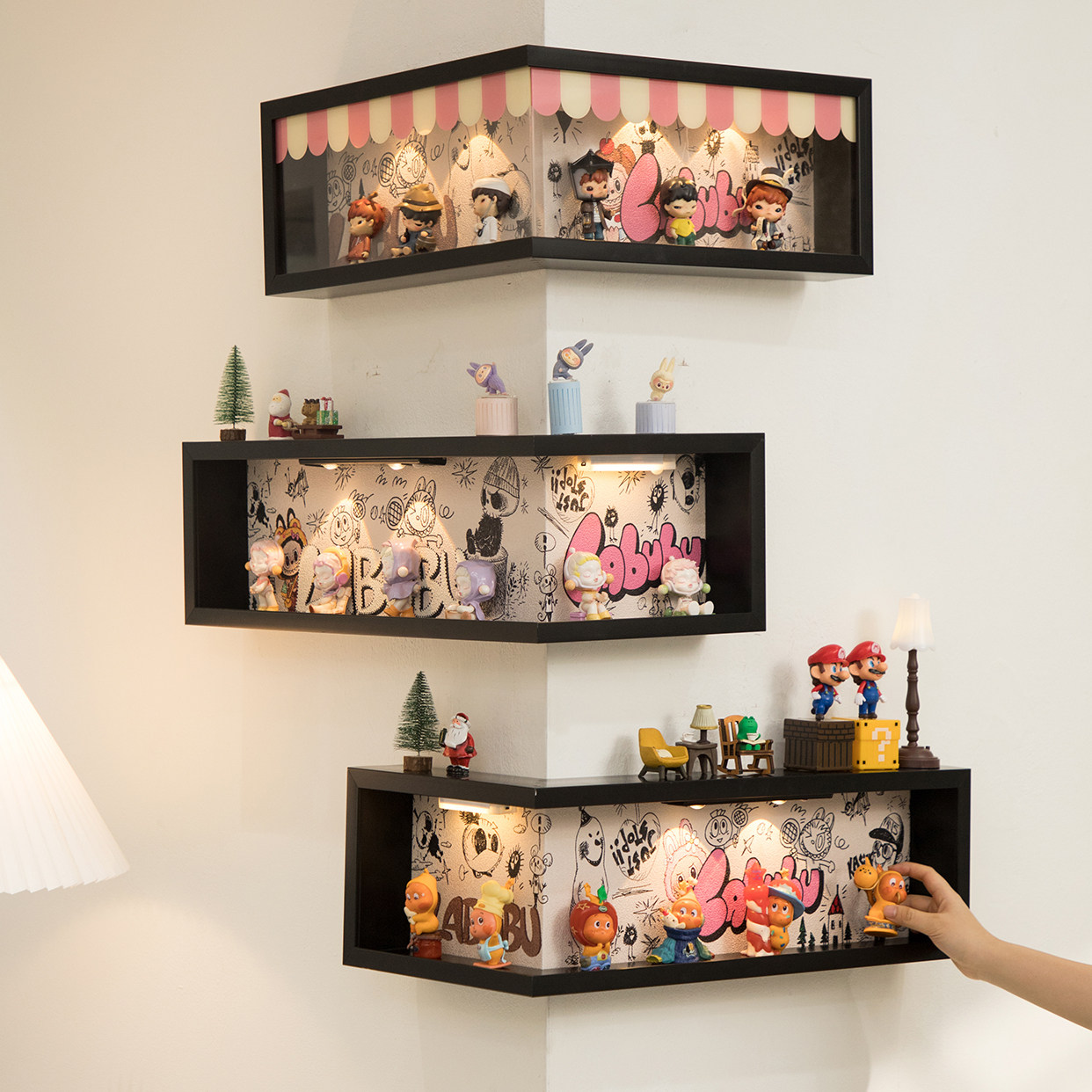 国补转角盲盒置物架免打孔萌粒手办收纳架带防尘陈列架拐角展示架,收纳整理,整理架/置物架/收纳架,淘宝优惠券,粉丝福利购,淘宝优惠卷