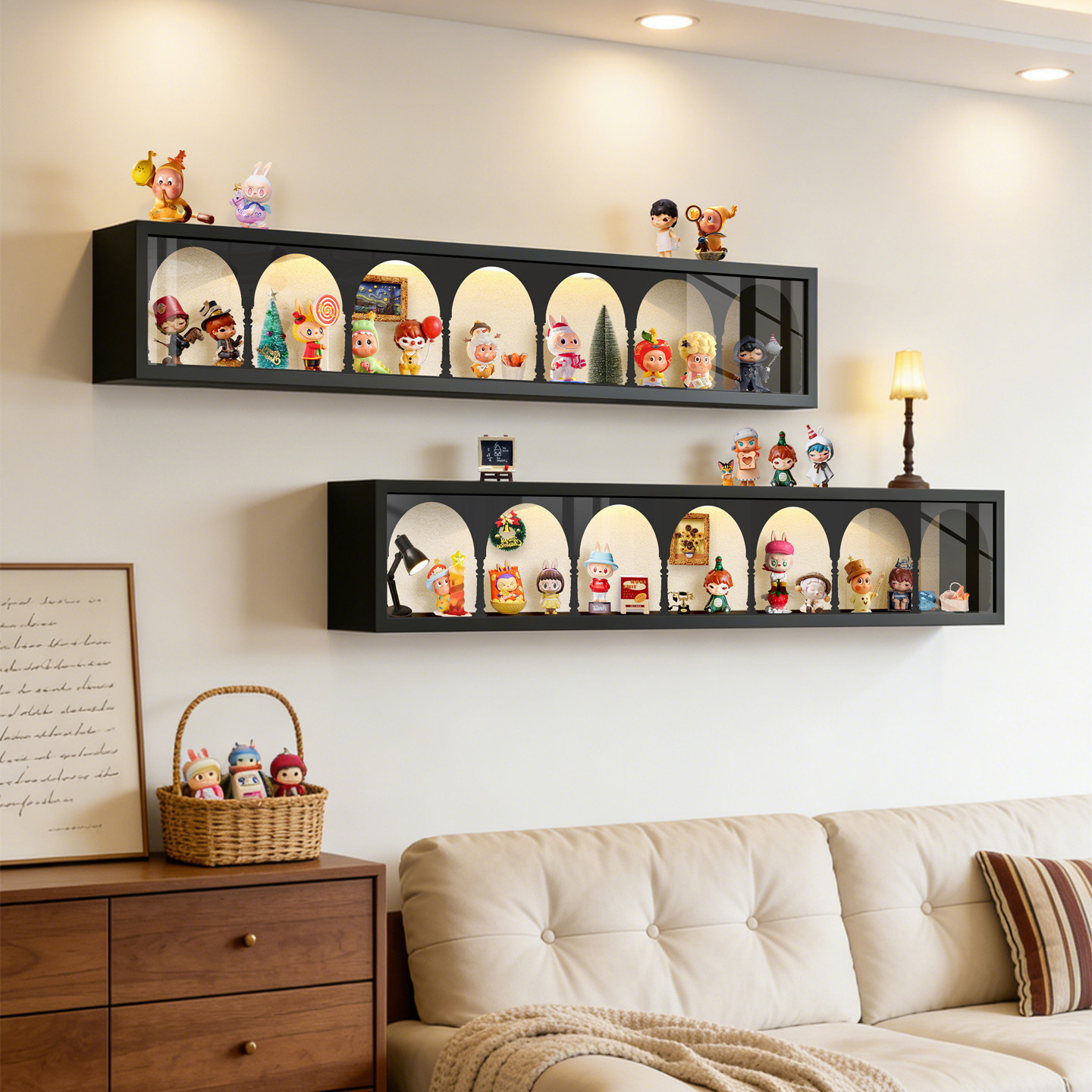 客厅盲盒手办展示架带防尘萌粒收纳架免打孔置物架创意发光陈列架