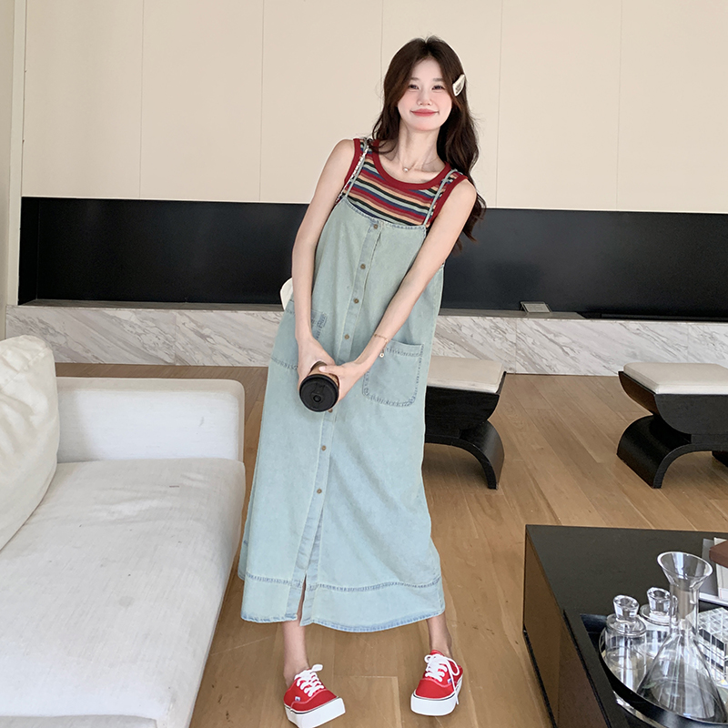 港风复古牛仔吊带连衣裙套装女2025夏俏皮减龄条纹T恤长裙两件套