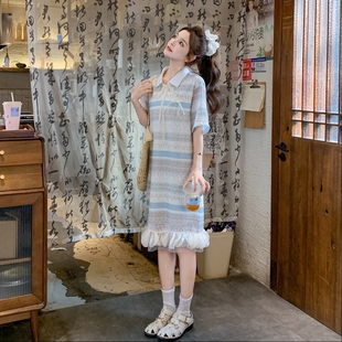 甜美彩虹色条纹系带短袖 宽松少女慵懒中长裙 连衣裙女夏季 2025新款