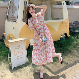 法式小香风爱心印花连衣裙女2025夏季新款超好看泡泡袖甜美a字裙