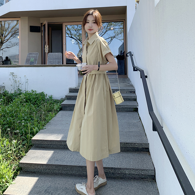 现货卡其色衬衫连衣裙女夏法式气质收腰显瘦长裙3010P120控178