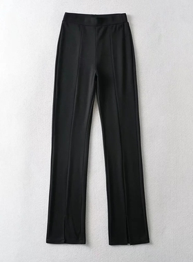 2022年春季新款欧美黑色高腰开叉休闲裤女微喇显高显腿长弹力长裤