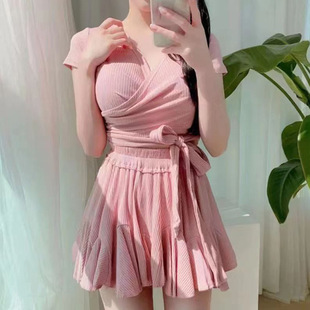 分体泳衣女款新款纯色保守遮肚显瘦大胸法式裙式泡温泉游泳衣女