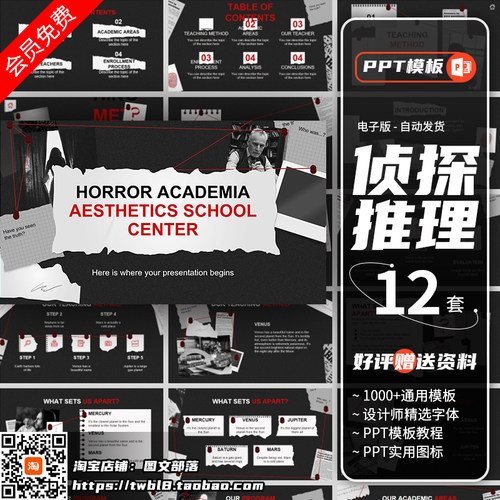 PPT模板侦探推理游戏剧本杀刑事悬疑谋杀解密破案恐怖感犯罪现场