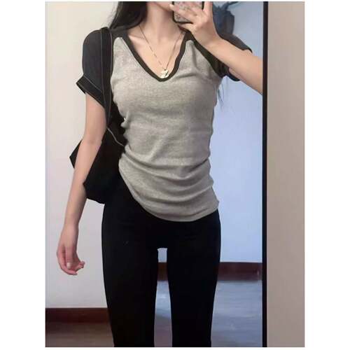 Brandy 拼色插肩短袖T恤美式复古V领修身内搭bellatop百搭bm上衣