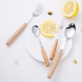 创意勺手柄不锈钢刀叉餐具叉木柄牛排刀叉木质水果西餐汤勺筷子