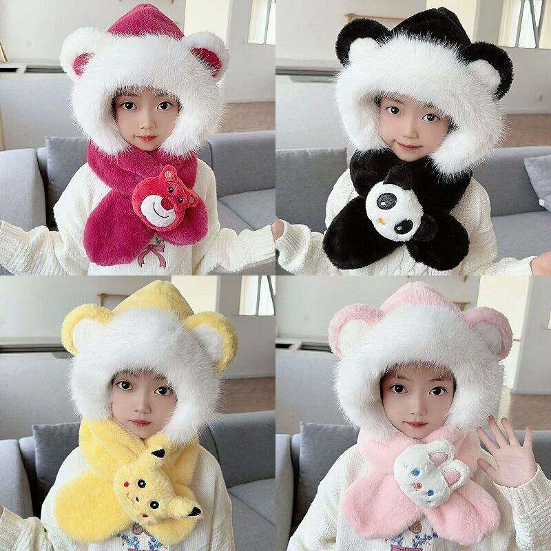 韩版可爱超萌儿童卡通两件套帽子围巾一体冬女童护耳套头帽