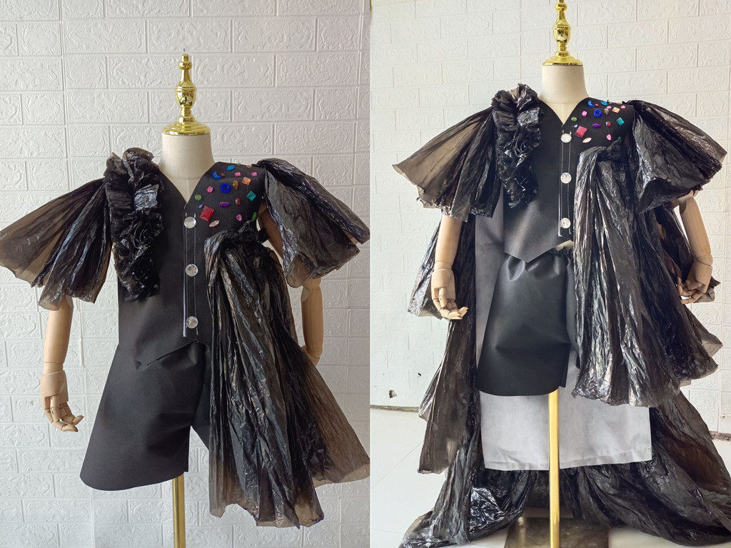 男童塑料袋环保衣服儿童个性时装走秀环保演出服幼儿炫酷环保披风