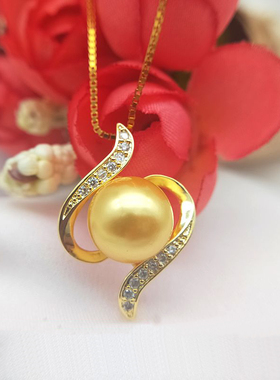 正圆茶金色母贝珍珠吊坠项链 单颗女 S925银链 送女友闺蜜礼物