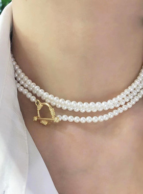 母贝珍珠项链毛衣链女款多层锁骨