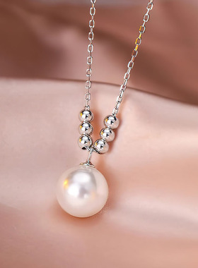 母贝珍珠吊坠项链 S925纯银链 简约韩版单颗正圆贝珠锁骨链