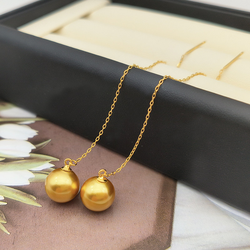 天然母贝珍珠耳环耳线 S925纯银耳钉 长款耳饰 茶金正圆珠经典款