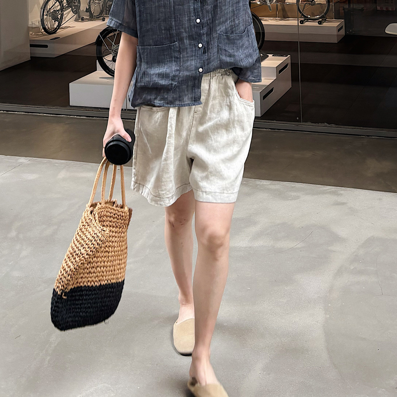 春夏新女 韩国单 牛仔染色亚麻复古文艺大码宽松显瘦松紧腰短裤