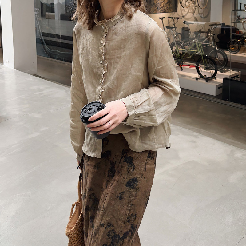 春夏新女 韩国单 高级感复古重工小立领花边苎麻长袖衬衫开衫小衫