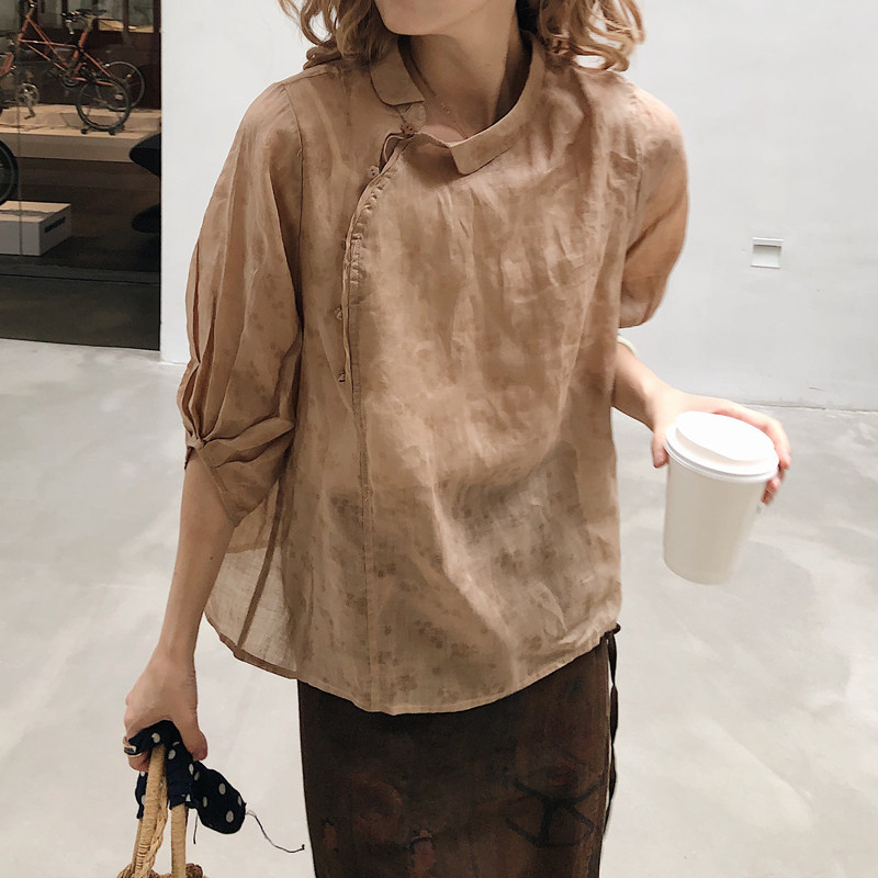 秋新女 新中式名族风苎麻大码宽松翻领复古中袖衬衫