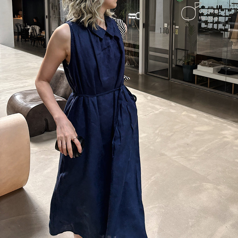 韩国单 法式赫本风 复古正装 100%亚麻大码翻领长款无袖连衣裙