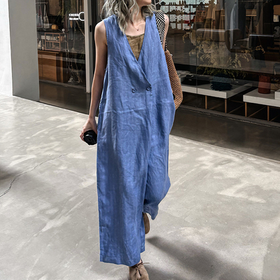 春夏信女 韩国单 高级定制大码100%纯亚麻条纹长款连体裤休闲长裤