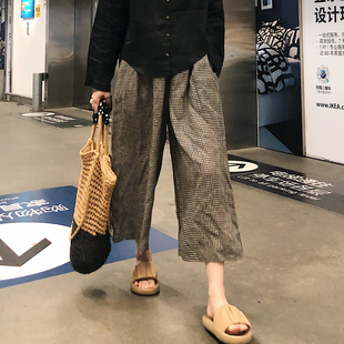 2025秋新女日系色织纯亚麻小细格子宽松显瘦阔腿裤 复古棉麻九分裤