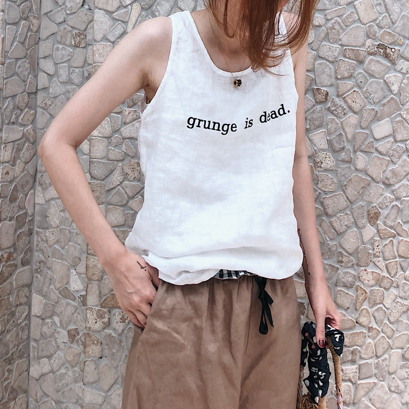 2025夏新女日系chic大码学院字母亚麻薄款宽松棉麻打底工字背心