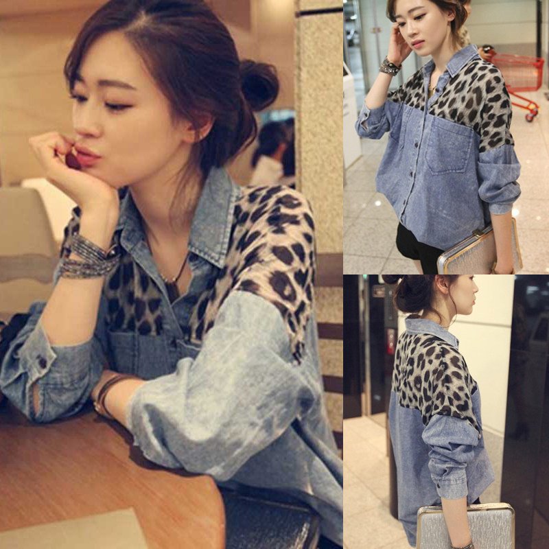 2021春秋衬衣欧美范豹纹雪纺拼接大码宽松牛仔衬衫女款长袖外套潮在类目 女装/女士精品, 衬衫中 - 来自Buy2taobao.com提供专业的淘宝代购服务