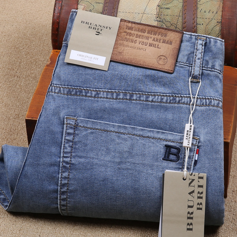 B系夏季超薄款水洗磨白男裤浅蓝色莱赛尔柔软弹力直筒男士牛仔裤