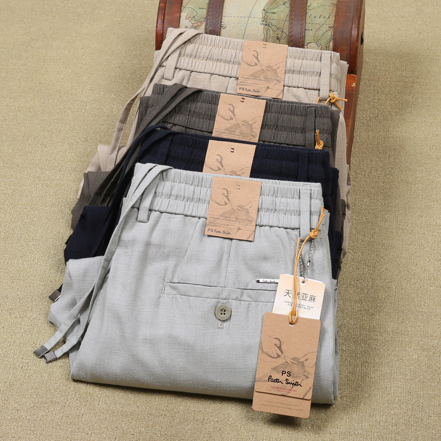 男士亚麻休闲裤宽松直筒夏季薄款冰丝棉麻裤子系带松紧腰透气长裤