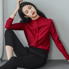 衬衣女2020春秋新款立领红色雪纺长袖衬衫职业上衣设计感小众春装