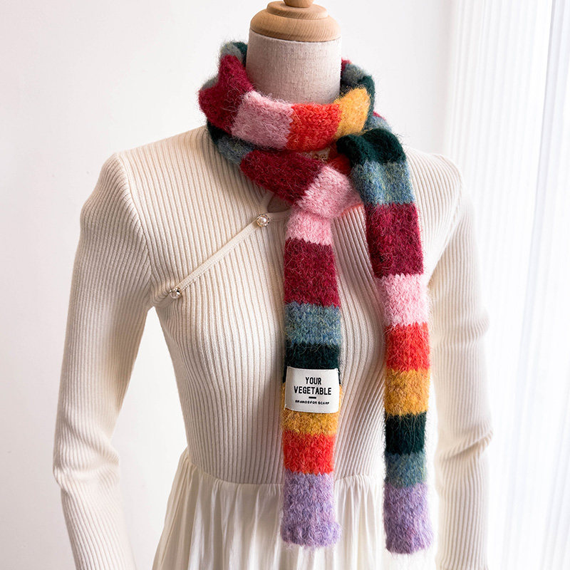 长条细窄针织毛线多巴胺拼色小围巾可爱甜美少女生秋冬季护颈围脖