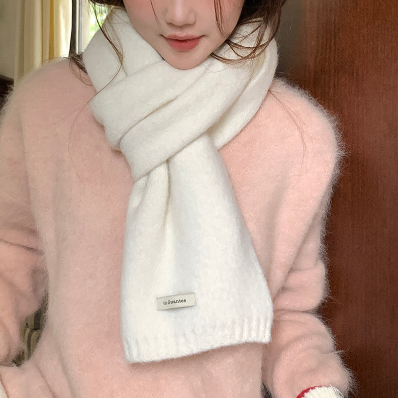 针织毛线毛绒纯色奶白色甜美可爱软妹学生少女厚围巾秋冬季小围脖